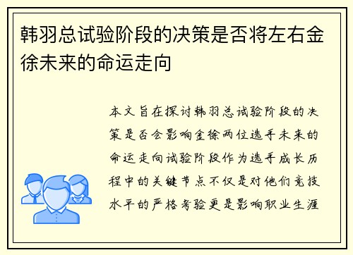 韩羽总试验阶段的决策是否将左右金徐未来的命运走向