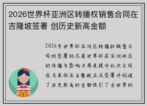 2026世界杯亚洲区转播权销售合同在吉隆坡签署 创历史新高金额