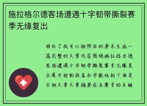 施拉格尔德客场遭遇十字韧带撕裂赛季无缘复出